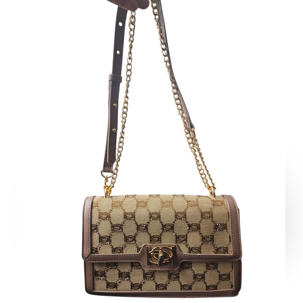New Bebe Serena Monogram Shoulder Bag Color tan color with faux leather sparkles
